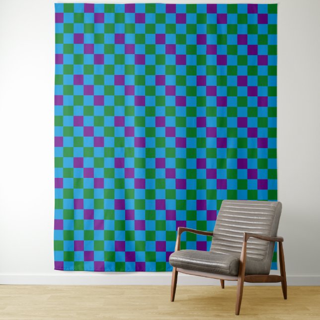 Blue Green Purple Chequered Pattern Design  Tapestry (In Situ)