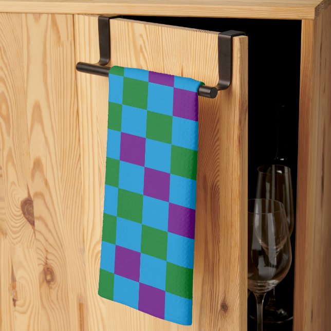 Blue Green Purple Chequered Pattern Design  Tea Towel (Thirds Fold)