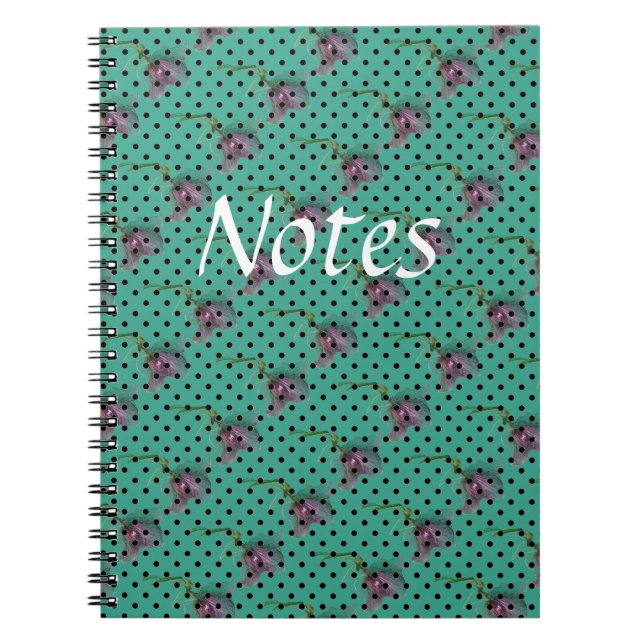 Blue green purple flowers and black polka dots notebook (Front)