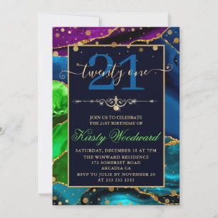 Blue Green & Purple & Gold Glitter Agate Birthday Invitation