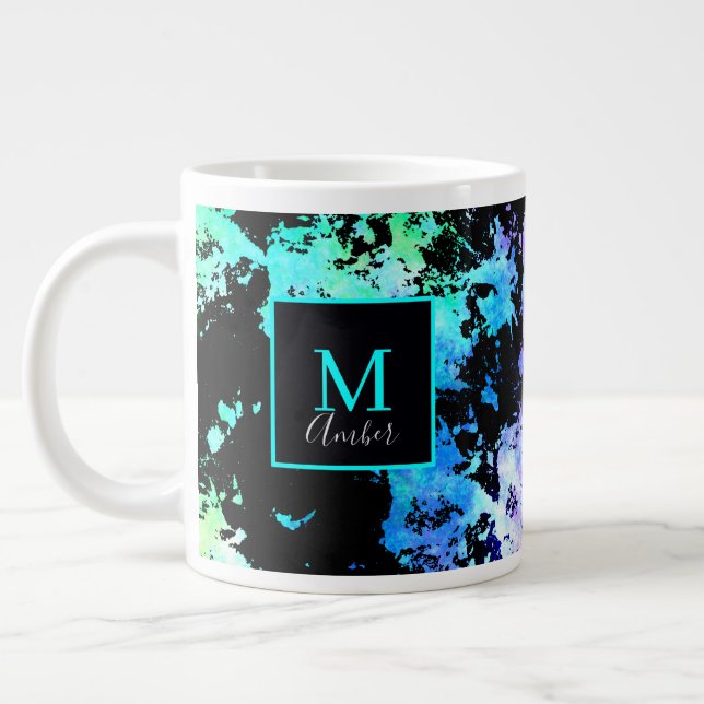 Blue Green Purple Paint Splash Abstract Monogram Large Coffee Mug (Left)