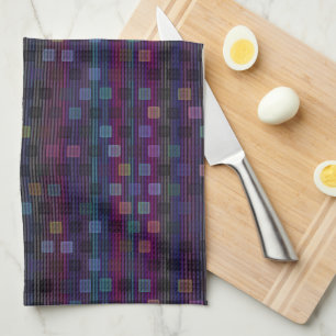 Blue, green, purple, pink squares with stripes tea towel