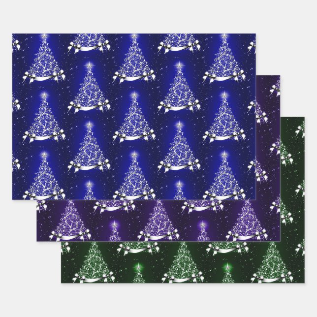 Blue Green & Purple Silver Tree Motif Wrapping Paper Sheet (Set)