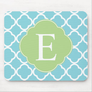 Blue Green Quatrefoil Monogram Mouse Pad
