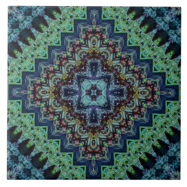 Blue Green Quilted Tribal Pattern Ceramic Tile (Front)