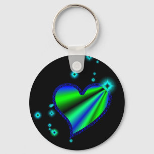 Blue Green Rainbow Heart with Stars Key Ring
