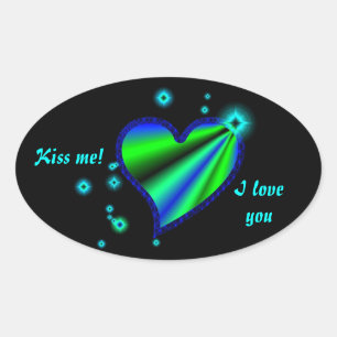 Blue Green Rainbow Heart with Stars Oval Sticker