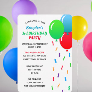 Blue Green & Red Balloons and Confetti Birthday Invitation