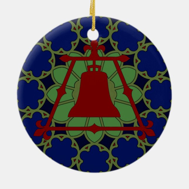 Blue, Green Red Stained Glass Fleur Design Ceramic Ornament (Back)
