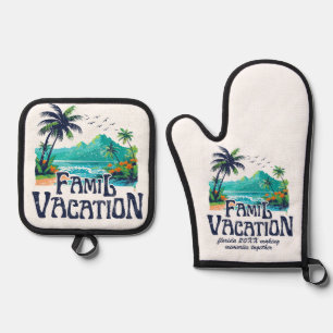 Blue & Green Retro Beach Vacation Oven Mitt & Pot Holder Set