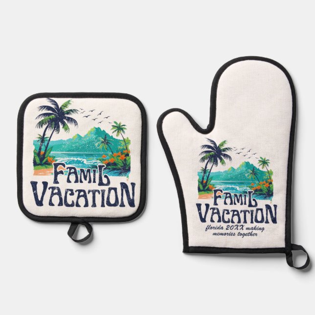 Blue & Green Retro Beach Vacation  Oven Mitt & Pot Holder Set (Front)