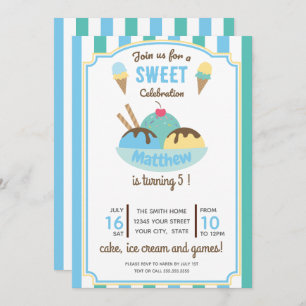 Blue Green Retro Ice Cream Kid's Birthday Party Invitation