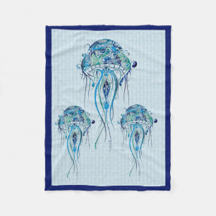 Blue-Green Retro Jellyfish Over Blue Background Fleece Blanket