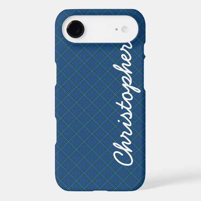 Blue Green Retro Plaid, Name, Case-Mate iPhone Case (Back)