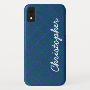 Blue Green Retro Plaid Name Minimalist Typography iPhone XR Case