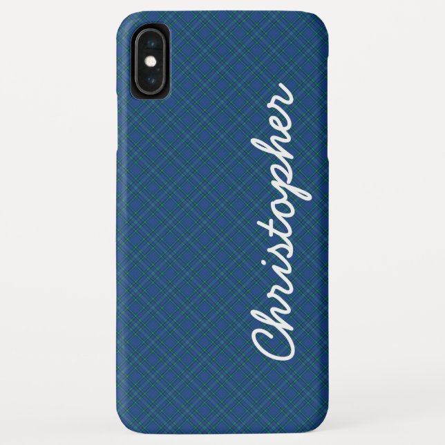 Blue Green Retro Plaid Script Name Case-Mate iPhone Case (Back)