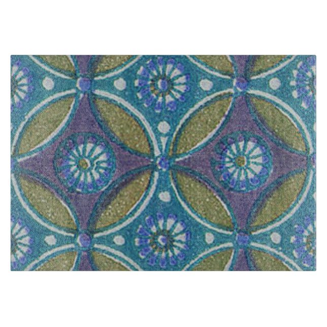 Blue Green Rustic Boho Geometric Circle Pattern Cutting Board (Front)