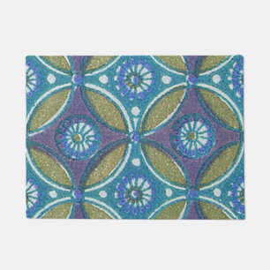 Blue Green Rustic Boho Geometric Circle Pattern Doormat
