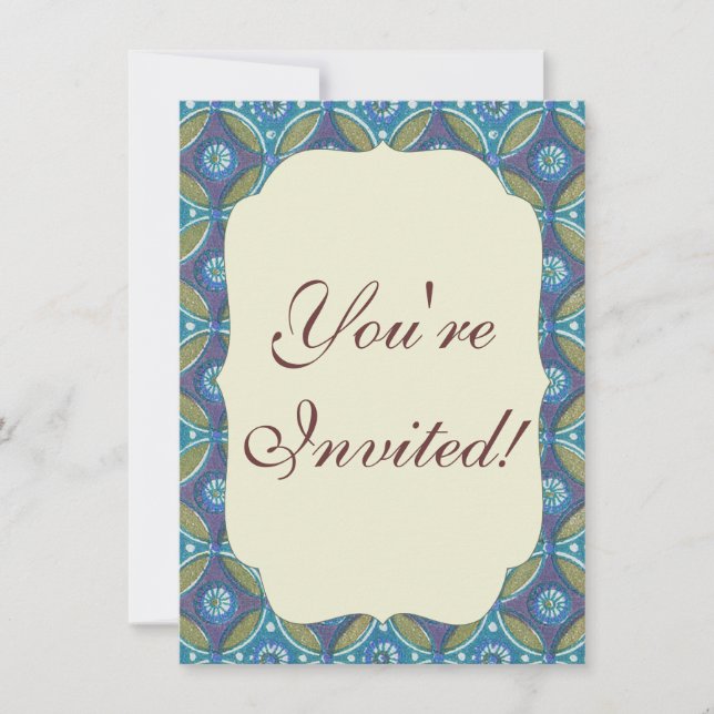 Blue Green Rustic Boho Geometric Circle Pattern Invitation (Front)