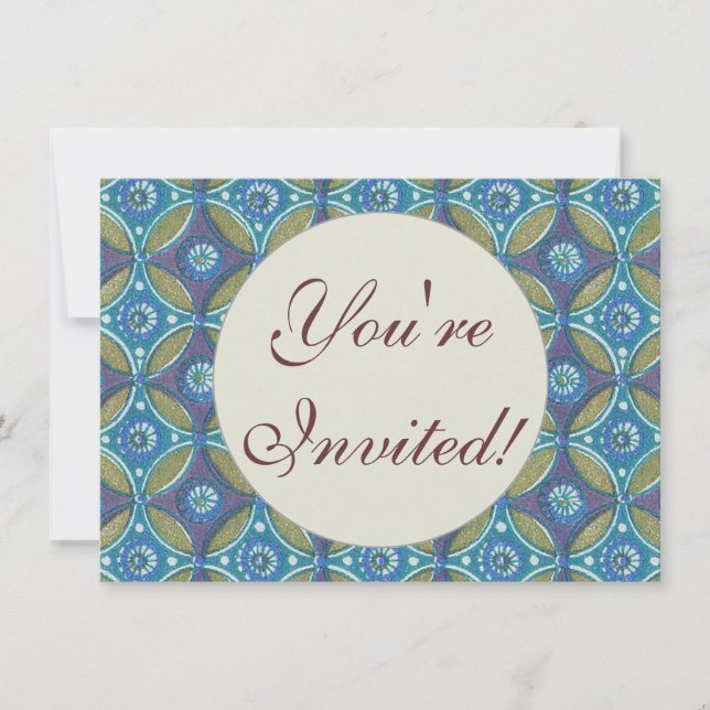 Blue Green Rustic Boho Geometric Circle Pattern Invitation (Front)