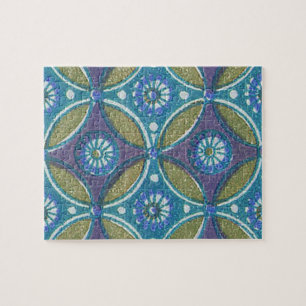 Blue Green Rustic Boho Geometric Circle Pattern Jigsaw Puzzle