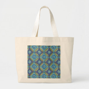 Blue Green Rustic Boho Geometric Circle Pattern Large Tote Bag