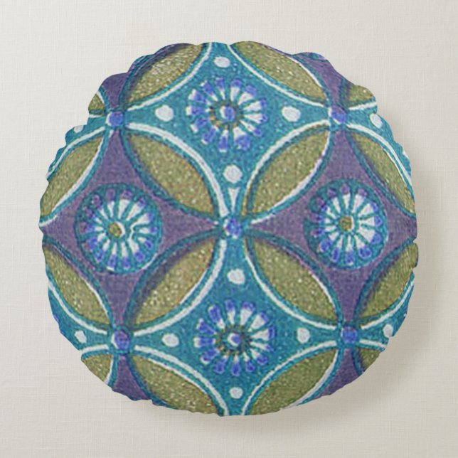 Blue Green Rustic Boho Geometric Circle Pattern Round Cushion (Front)