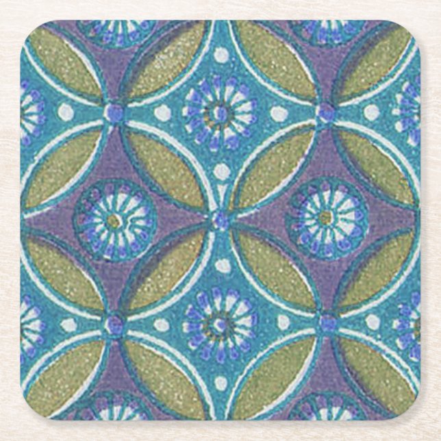 Blue Green Rustic Boho Geometric Circle Pattern Square Paper Coaster (Front)