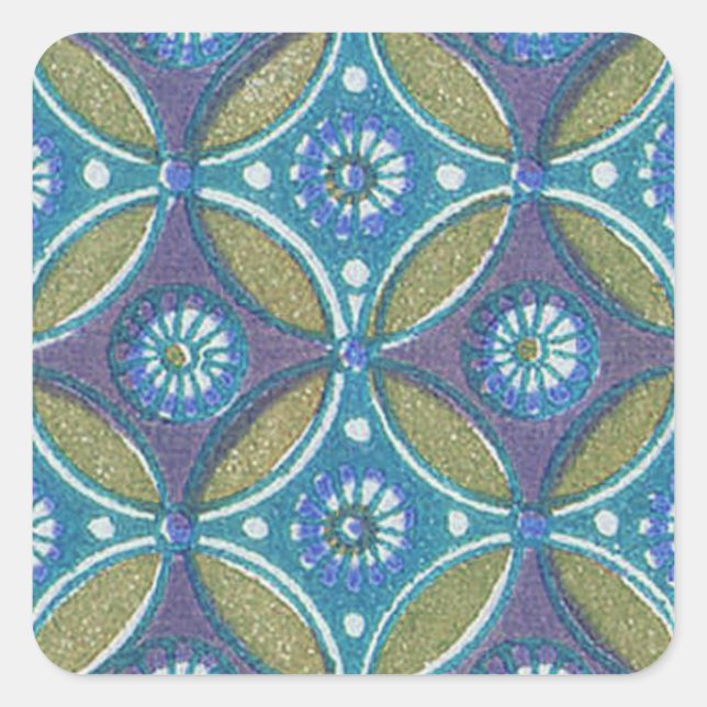 Blue Green Rustic Boho Geometric Circle Pattern Square Sticker (Front)