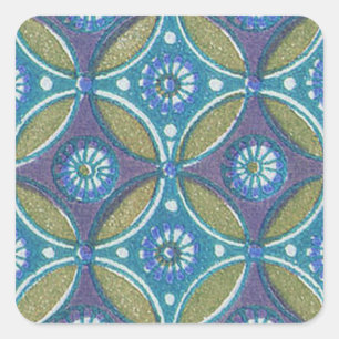 Blue Green Rustic Boho Geometric Circle Pattern Square Sticker