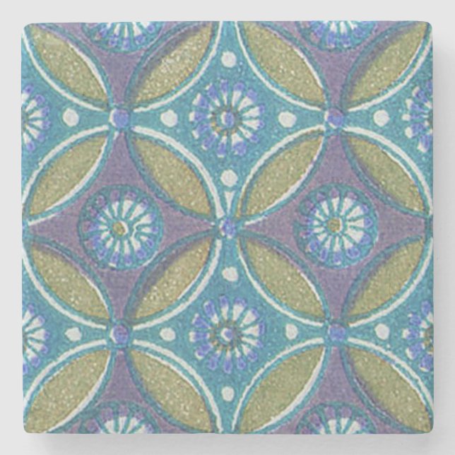 Blue Green Rustic Boho Geometric Circle Pattern Stone Coaster (Front)