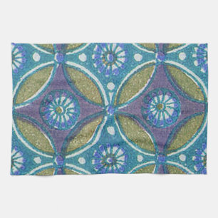 Blue Green Rustic Boho Geometric Circle Pattern Tea Towel