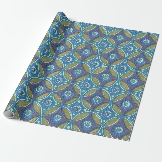Blue Green Rustic Boho Geometric Circle Pattern Wrapping Paper (Unrolled)