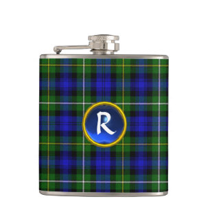 BLUE GREEN SCOTTISH TARTAN SAPPHIRE GEM MONOGRAM HIP FLASK