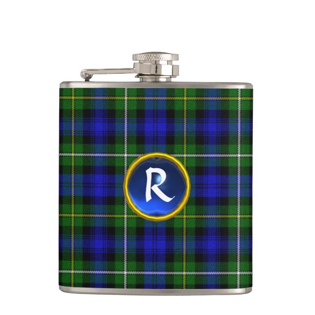 BLUE GREEN SCOTTISH TARTAN SAPPHIRE GEM MONOGRAM HIP FLASK (Front)