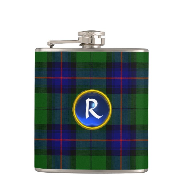 BLUE GREEN SCOTTISH TARTAN SAPPHIRE GEM MONOGRAM HIP FLASK (Front)