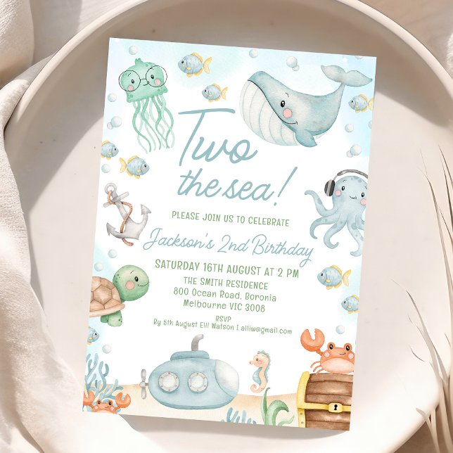 Blue Green Sea Creatures Two The Sea 2nd Birthday Invitation (Boys Two The Sea 2nd Birthday Invitation, Under the Sea Themed Birthday Party Invite, Ocean Critters)