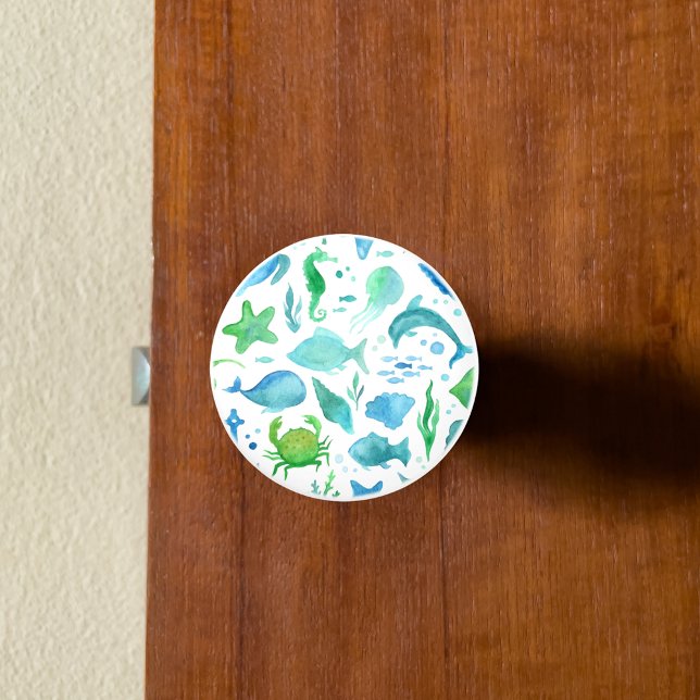 Blue green sea ocean fish dolphin white nautical ceramic knob (Creator Uploaded)