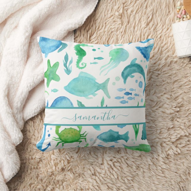Blue green sea ocean fish dolphins elegant name cushion (Blanket)
