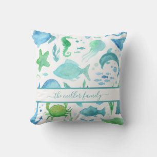 Blue green sea ocean fish dolphins nautical name cushion