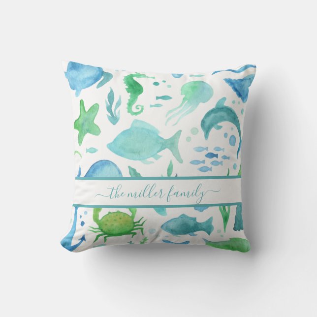 Blue green sea ocean fish dolphins nautical name cushion (Front)