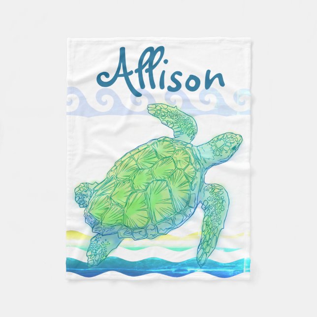 Blue & Green Sea Turtle Fleece Blanket (Front)