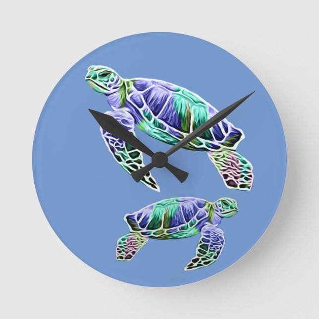 Blue Green Sea Turtles Round Clock (Front)
