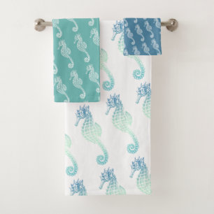 Blue Green Seahorse Bath Towel Set