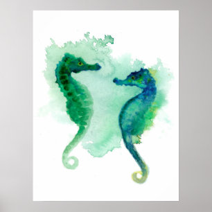 Blue green seahorses white poster seahorse