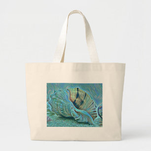 Blue green seashells on the beach painting large tote bag