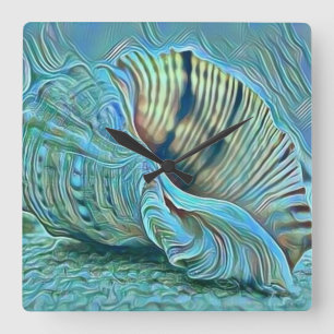 Blue green seashells on the beach painting square wall clock