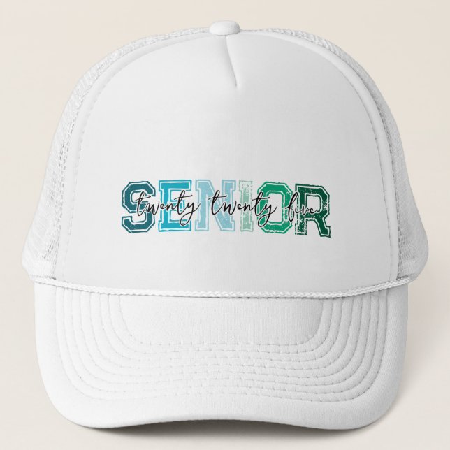 Blue Green Senior 2025 Typography Trucker Hat (Front)