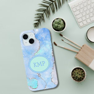 Blue Green Silver Glitter Marble Swirl Monogram iPhone 15 Case