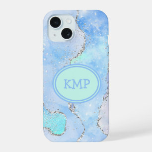 Blue Green Silver Glitter Marble Swirl Monogram iPhone 15 Case